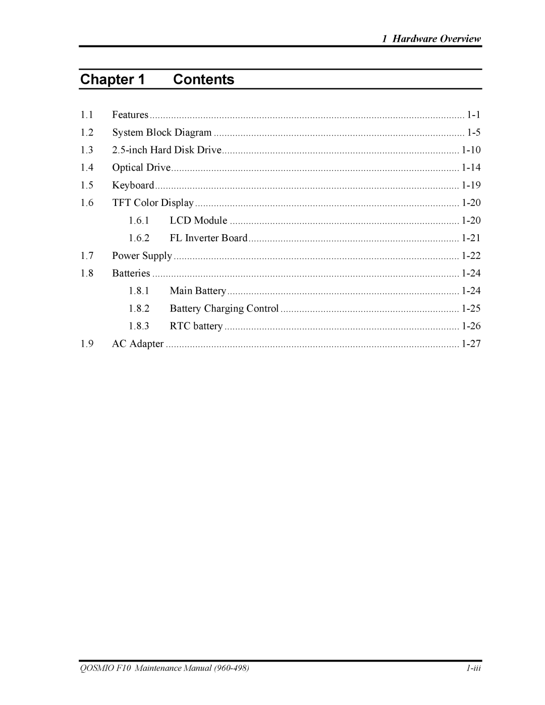 Toshiba 960-498 manual Chapter Contents 