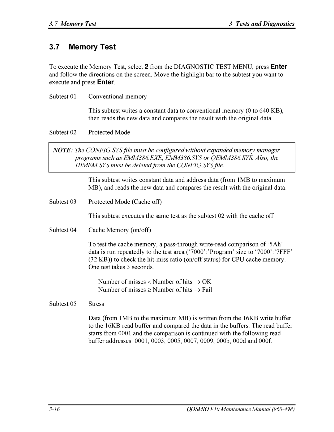 Toshiba 960-498 manual Memory Test Tests and Diagnostics 