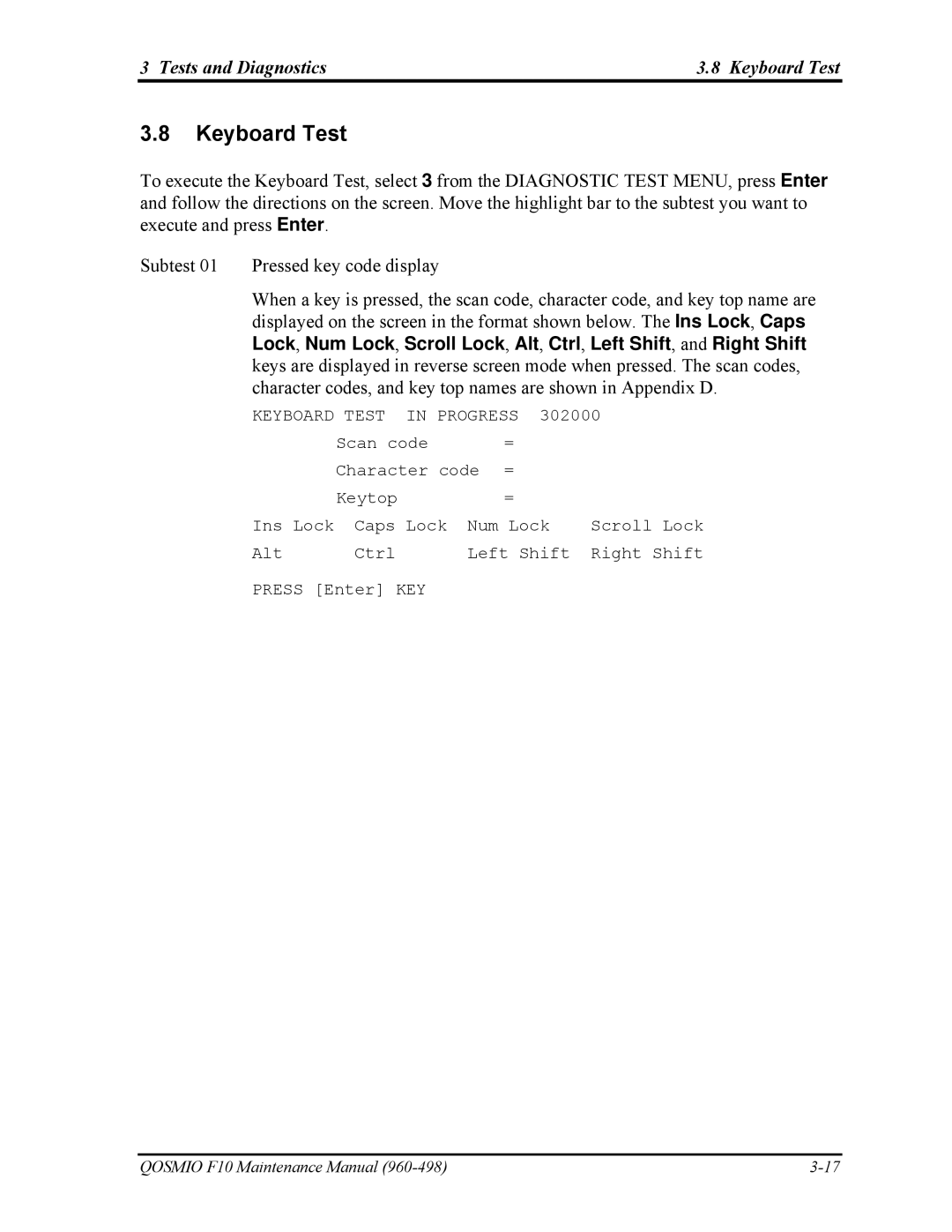 Toshiba 960-498 manual Tests and Diagnostics Keyboard Test 