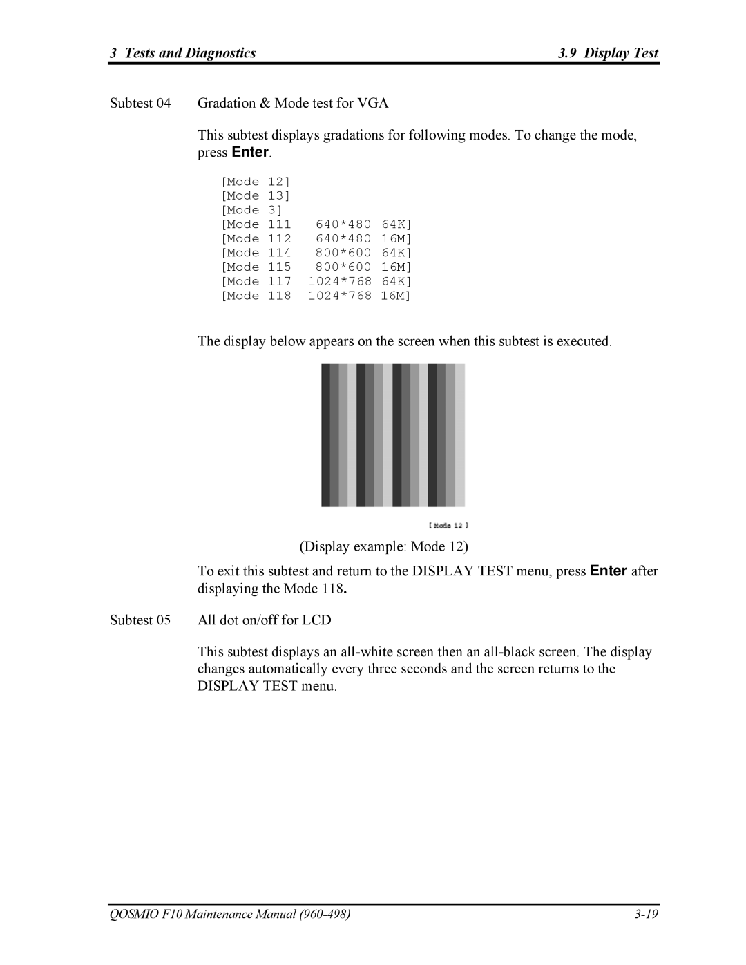 Toshiba 960-498 manual Tests and Diagnostics Display Test 