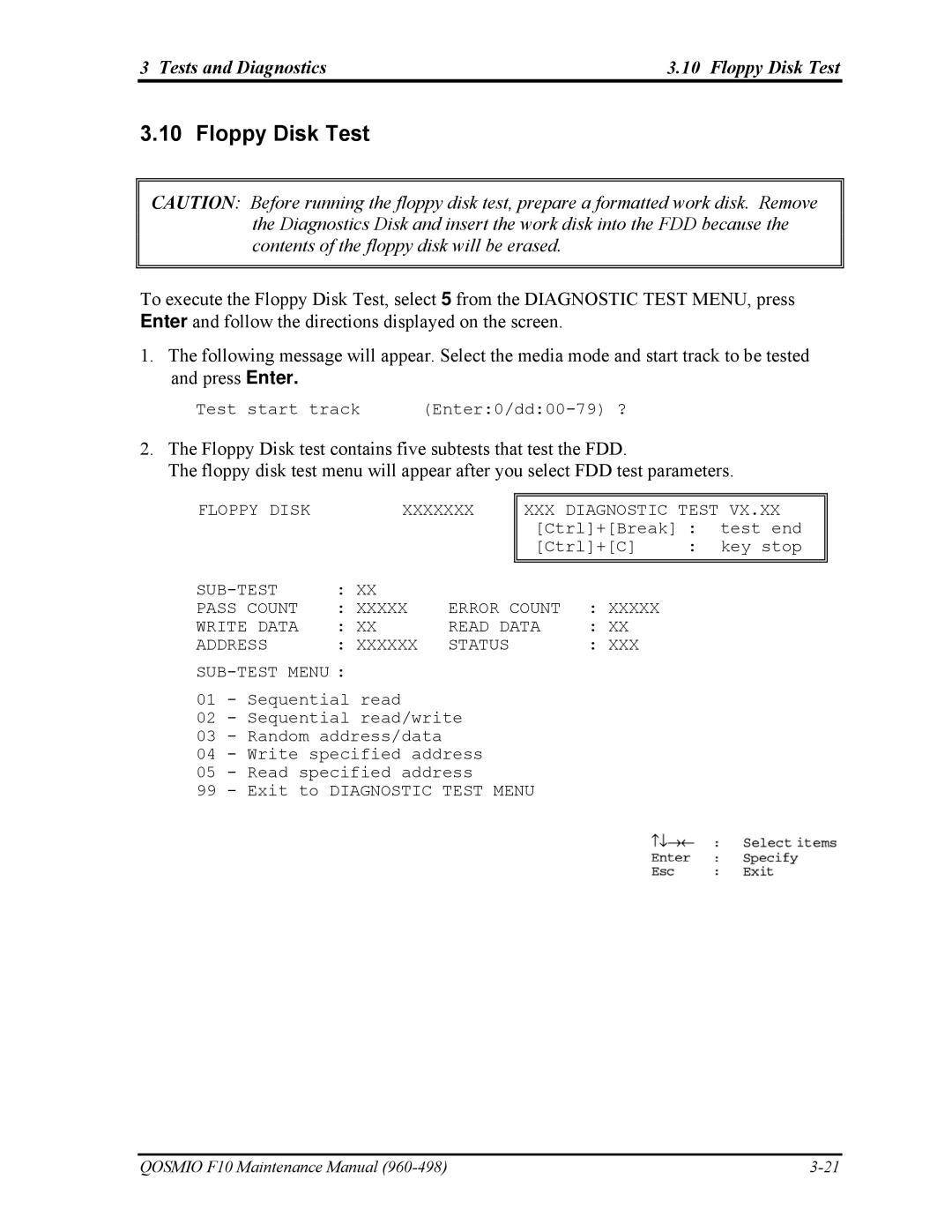 Toshiba 960-498 manual Tests and Diagnostics Floppy Disk Test 