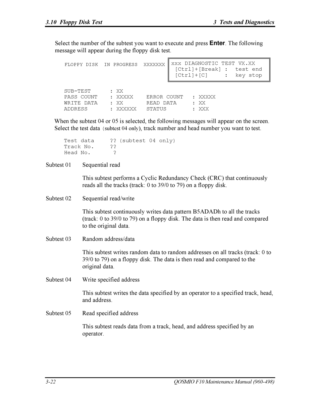 Toshiba 960-498 manual Floppy Disk Test Tests and Diagnostics 