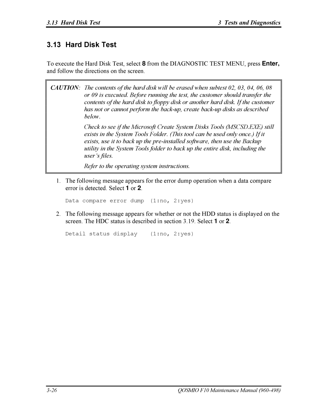 Toshiba 960-498 manual Hard Disk Test Tests and Diagnostics 