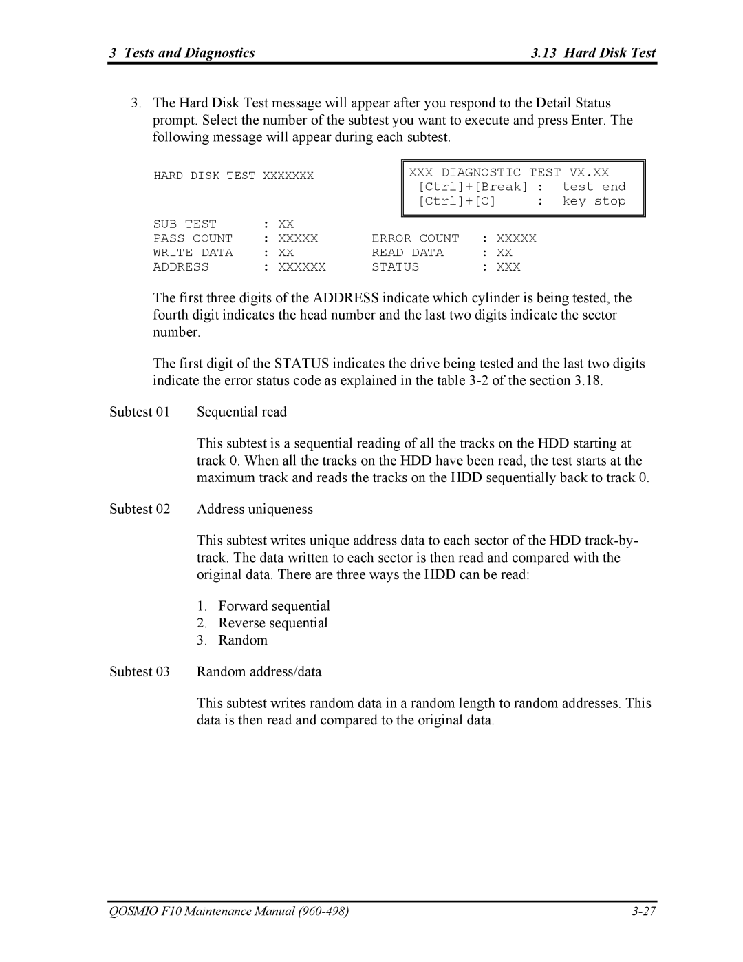 Toshiba 960-498 manual Tests and Diagnostics Hard Disk Test 