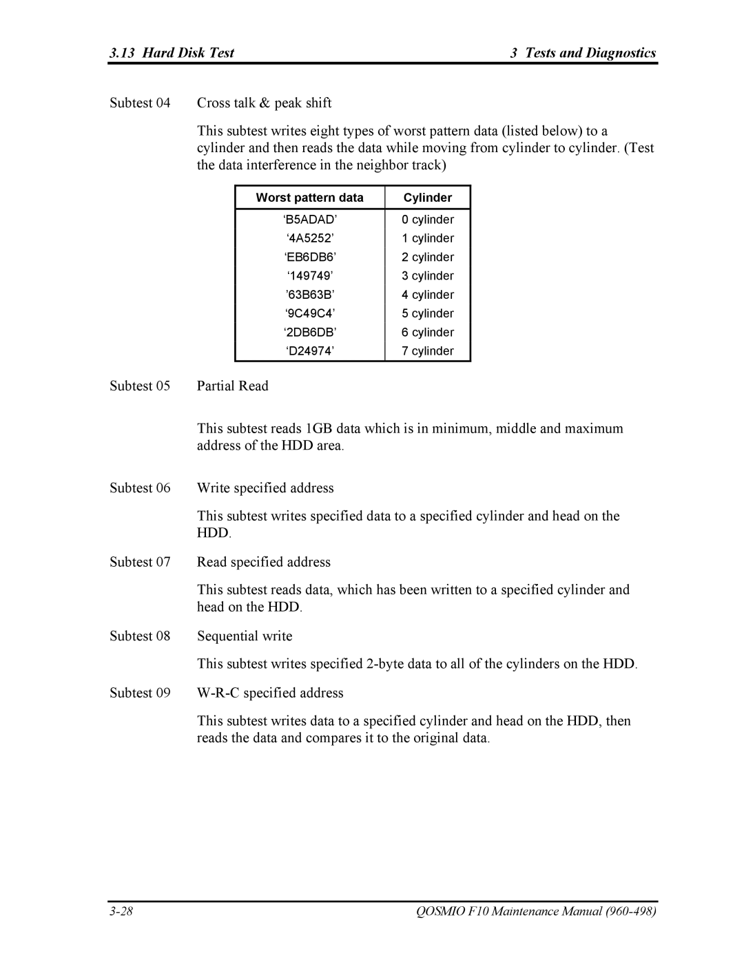 Toshiba 960-498 manual Worst pattern data Cylinder 