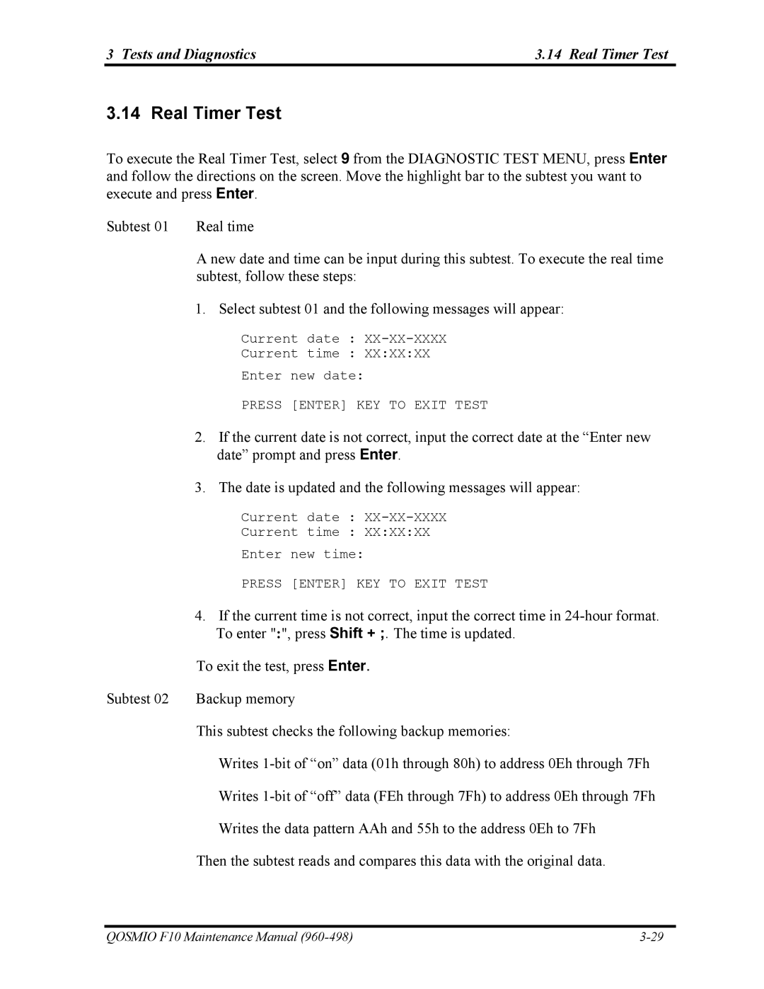 Toshiba 960-498 manual Tests and Diagnostics Real Timer Test 