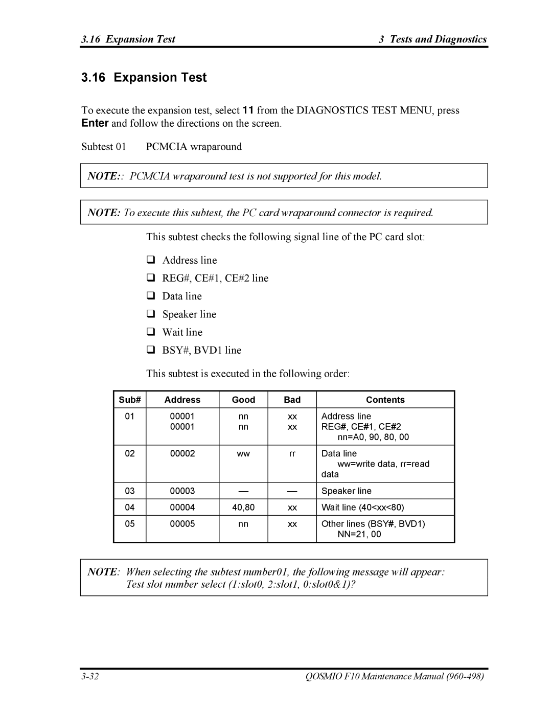 Toshiba 960-498 manual Expansion Test Tests and Diagnostics, Sub# Address Good Bad Contents 