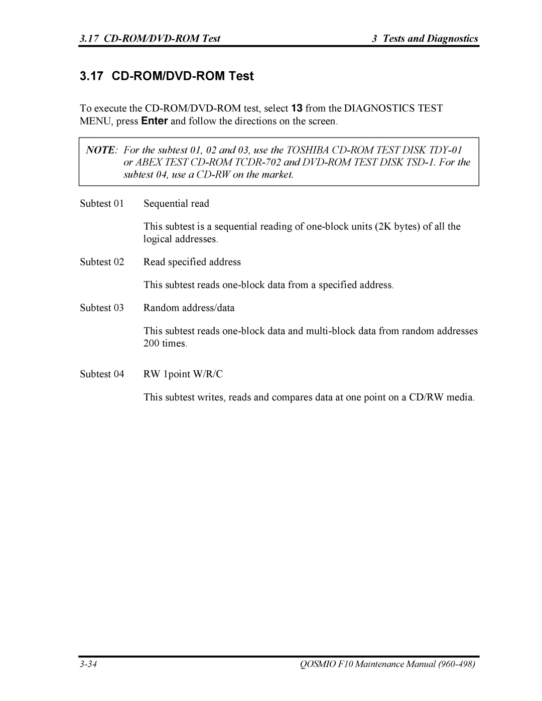 Toshiba 960-498 manual CD-ROM/DVD-ROM Test Tests and Diagnostics 