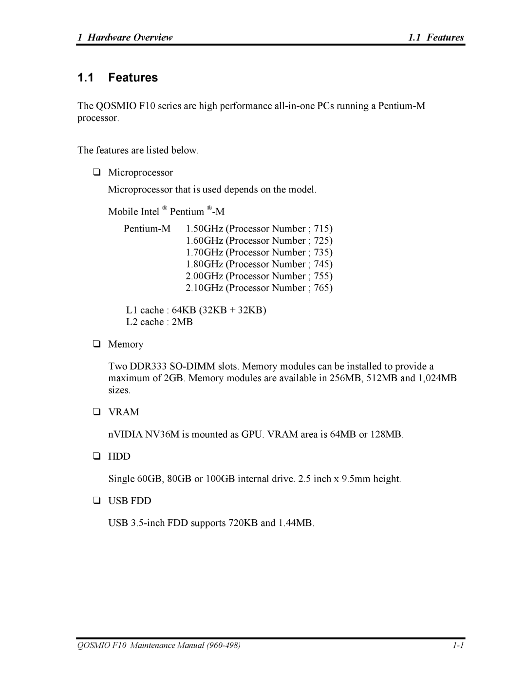 Toshiba 960-498 manual Hardware Overview Features 