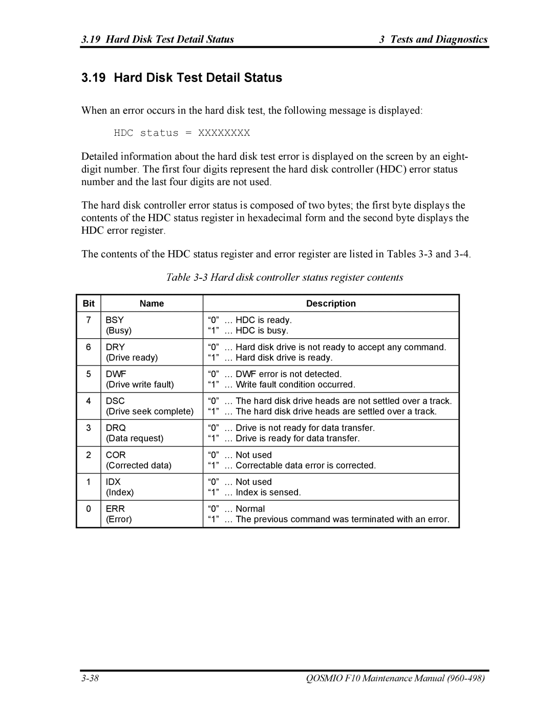 Toshiba 960-498 Hard Disk Test Detail Status Tests and Diagnostics, Hard disk controller status register contents 