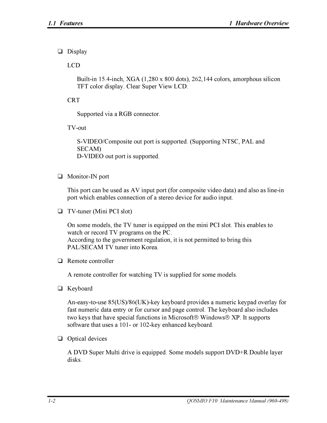 Toshiba 960-498 manual Features Hardware Overview, Lcd 