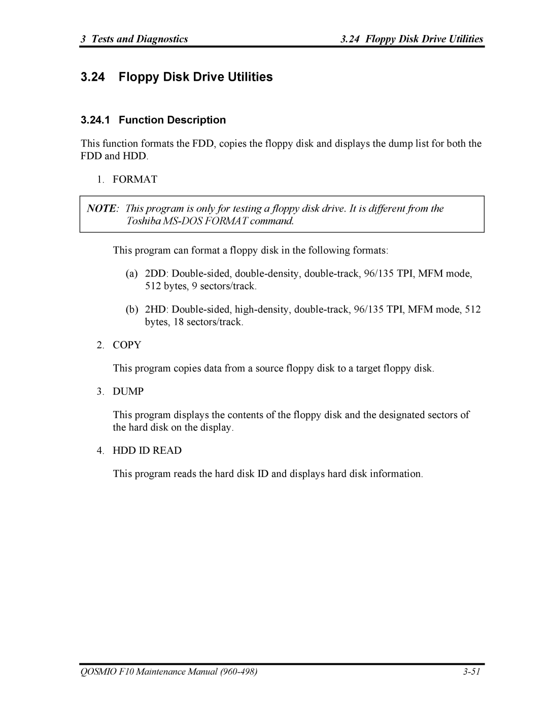 Toshiba 960-498 manual Tests and Diagnostics Floppy Disk Drive Utilities 