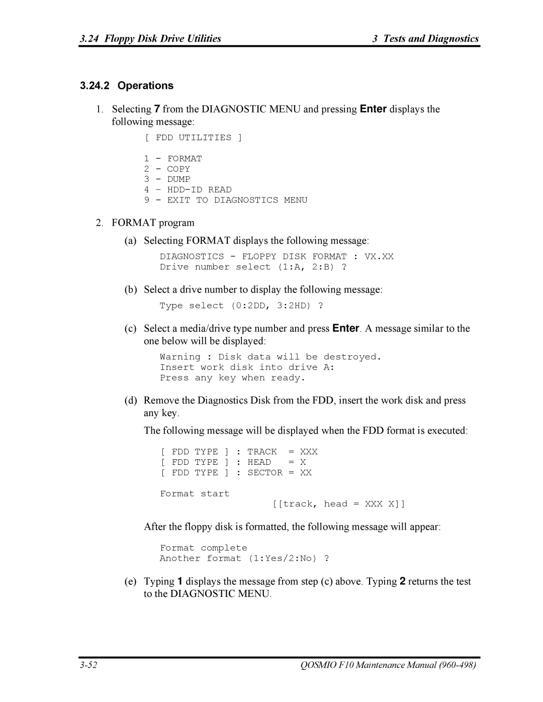 Toshiba 960-498 manual Floppy Disk Drive Utilities Tests and Diagnostics 