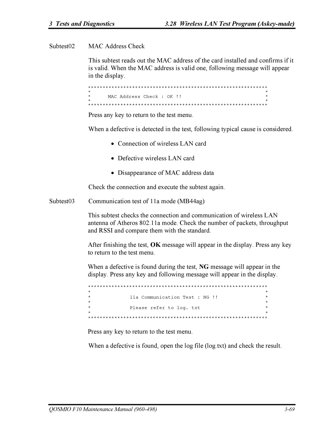 Toshiba 960-498 manual 11a Communication Test NG Please refer to log. txt 