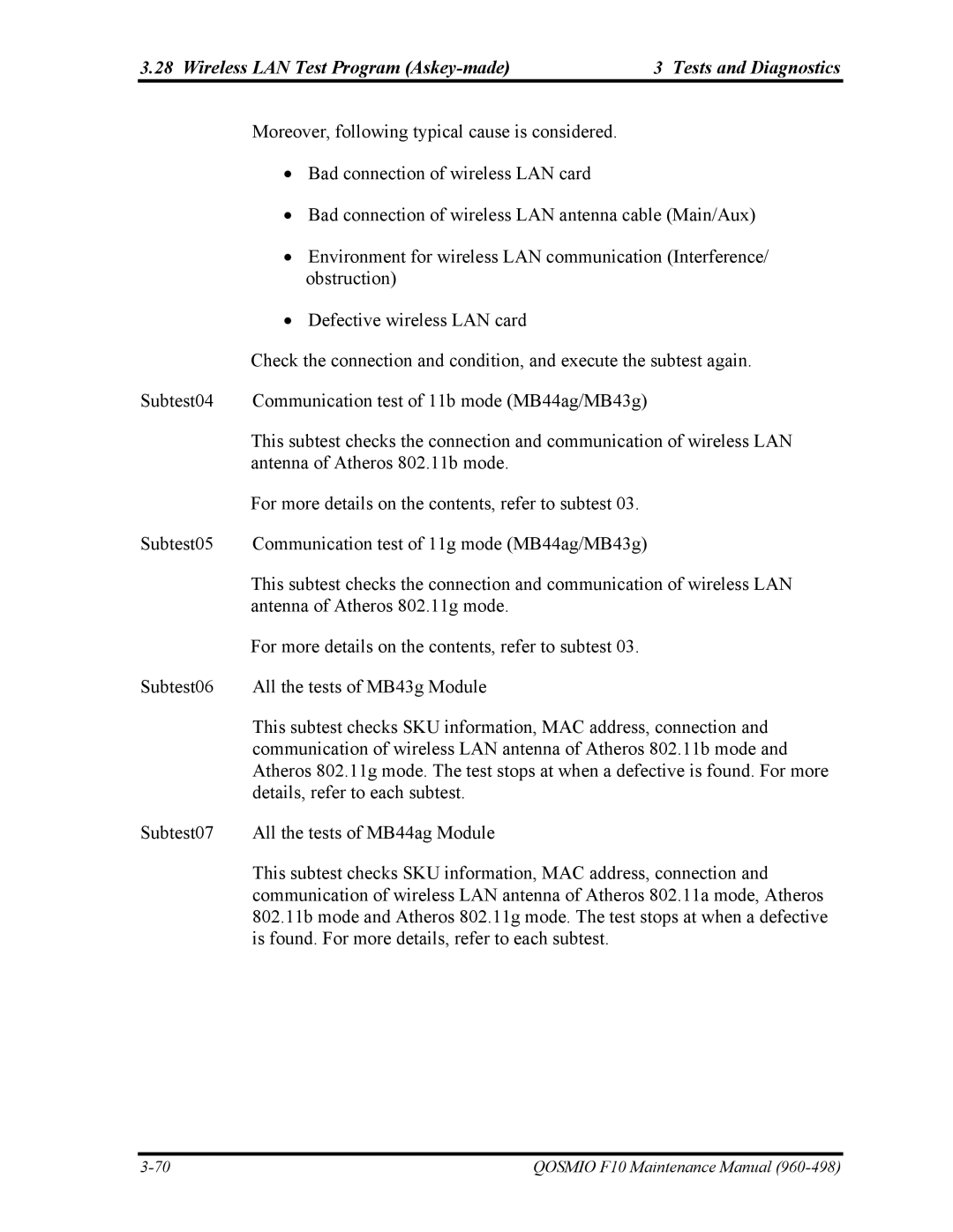 Toshiba 960-498 manual Wireless LAN Test Program Askey-made Tests and Diagnostics 