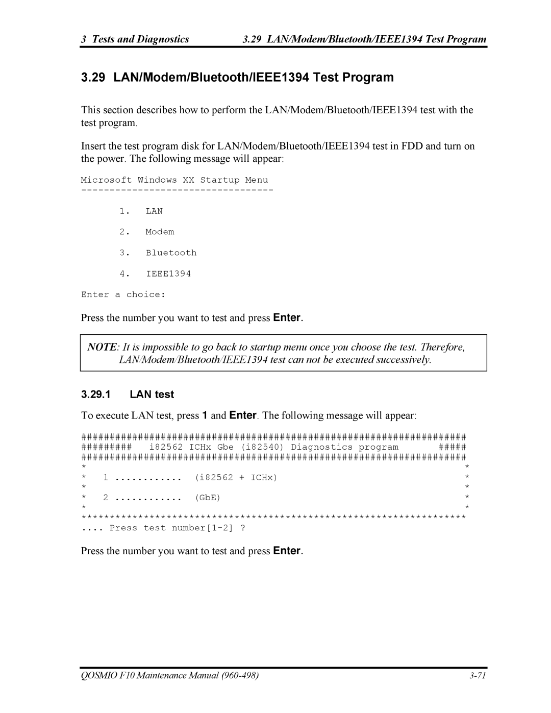 Toshiba 960-498 manual 29 LAN/Modem/Bluetooth/IEEE1394 Test Program, LAN test 