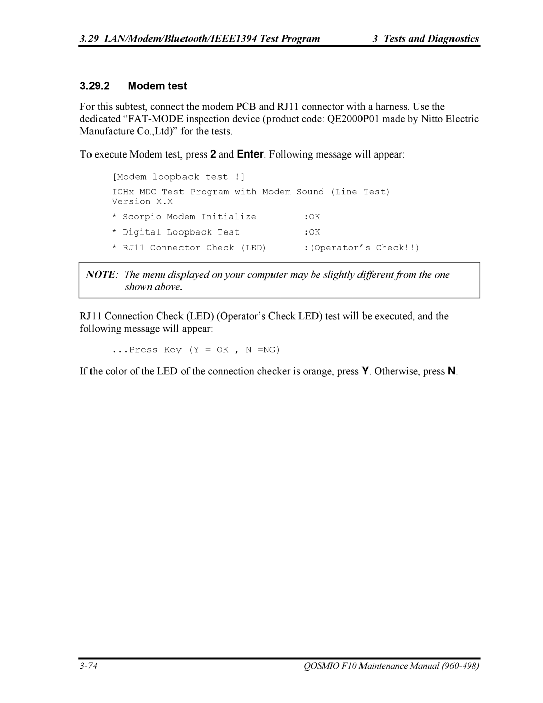 Toshiba 960-498 manual Modem test, Modem loopback test 