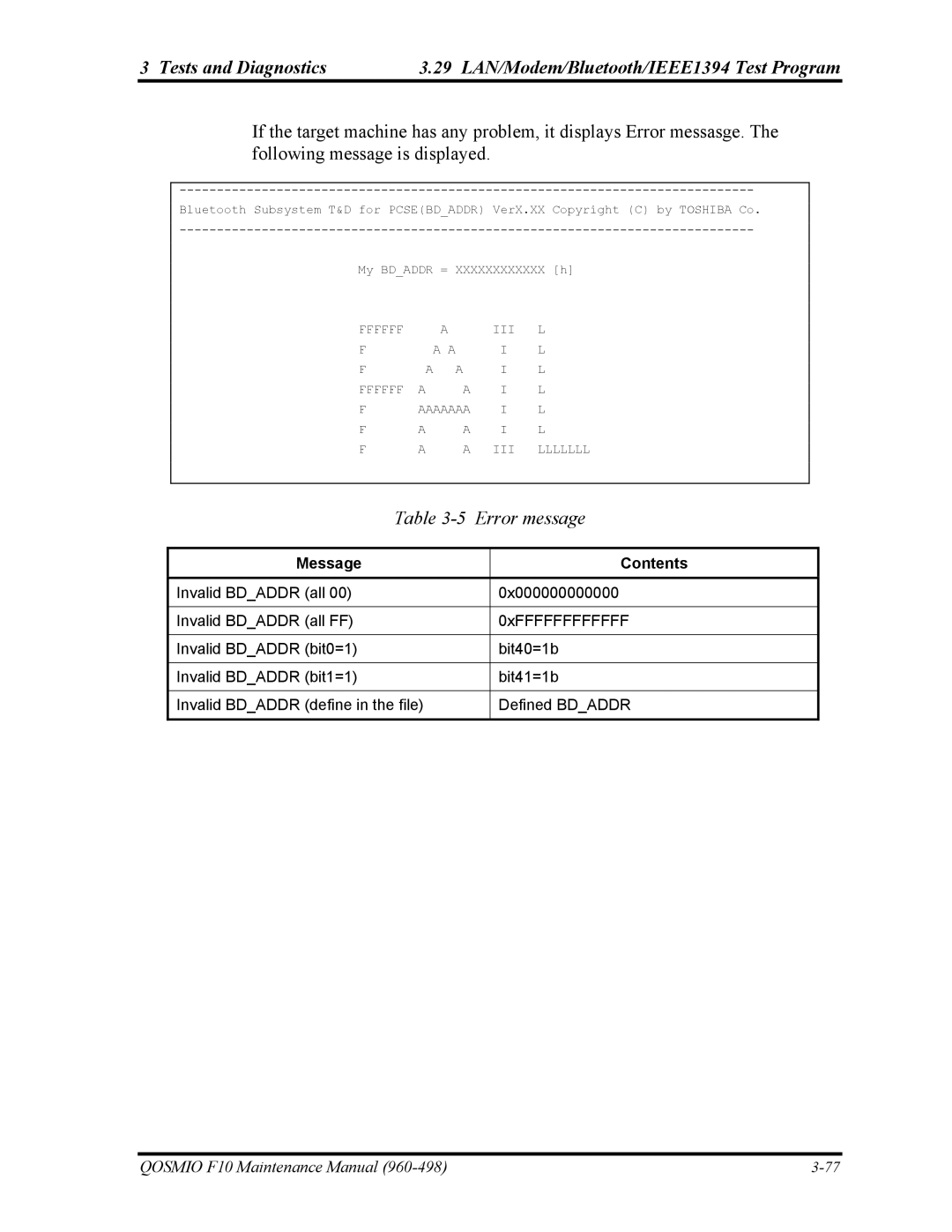 Toshiba 960-498 manual Error message, Message Contents 