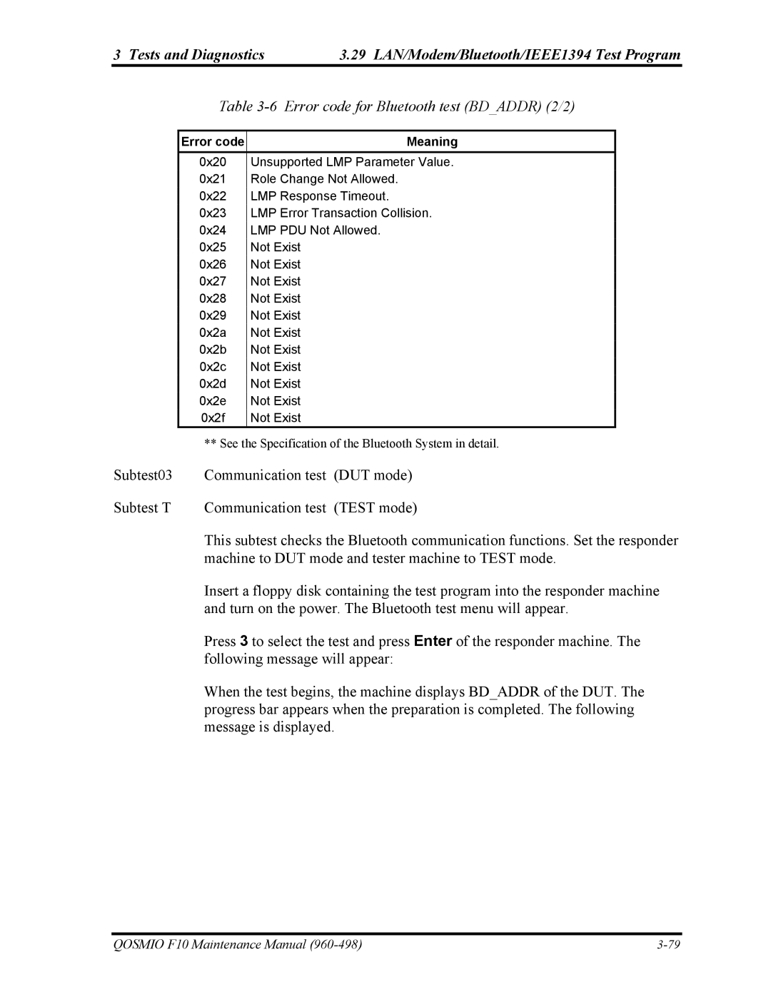 Toshiba 960-498 manual Error code for Bluetooth test Bdaddr 2/2 