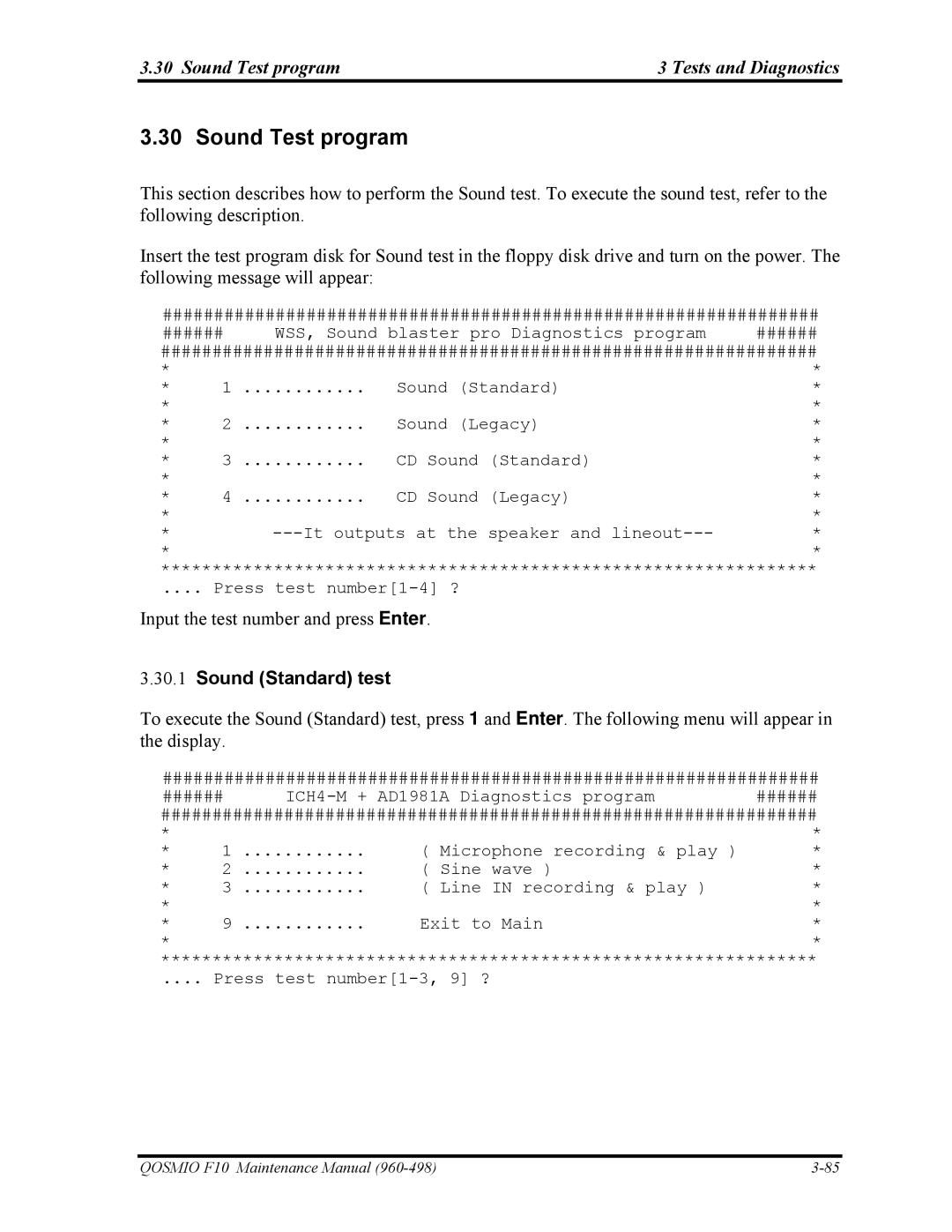 Toshiba 960-498 manual Sound Test program Tests and Diagnostics, Sound Standard test 