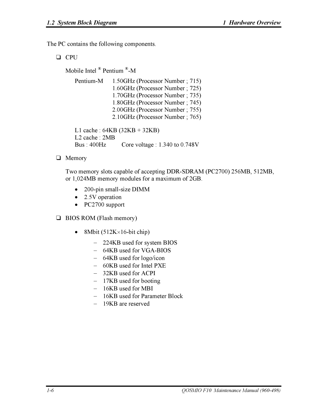 Toshiba 960-498 manual System Block Diagram Hardware Overview, Cpu 