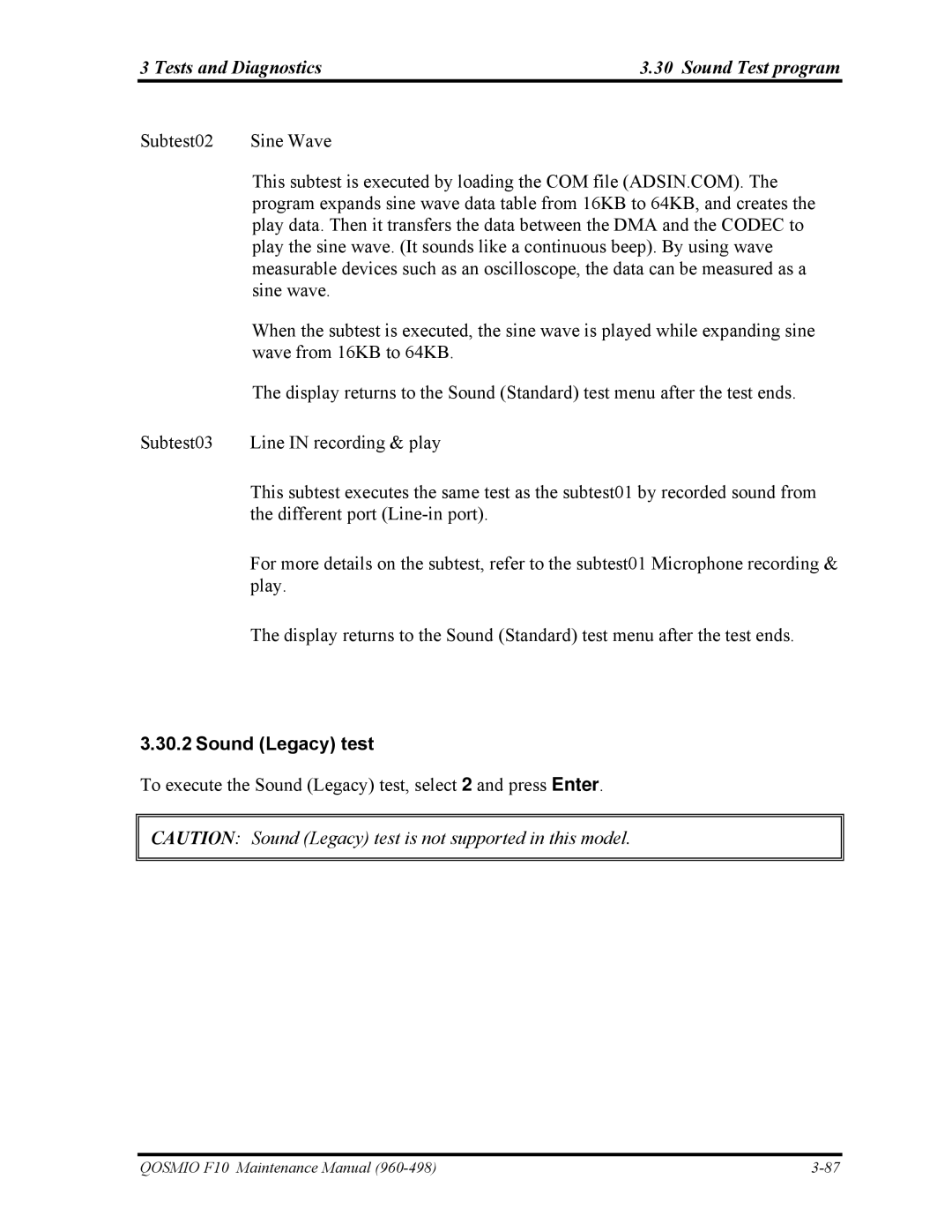 Toshiba 960-498 manual Tests and Diagnostics Sound Test program, Sound Legacy test 