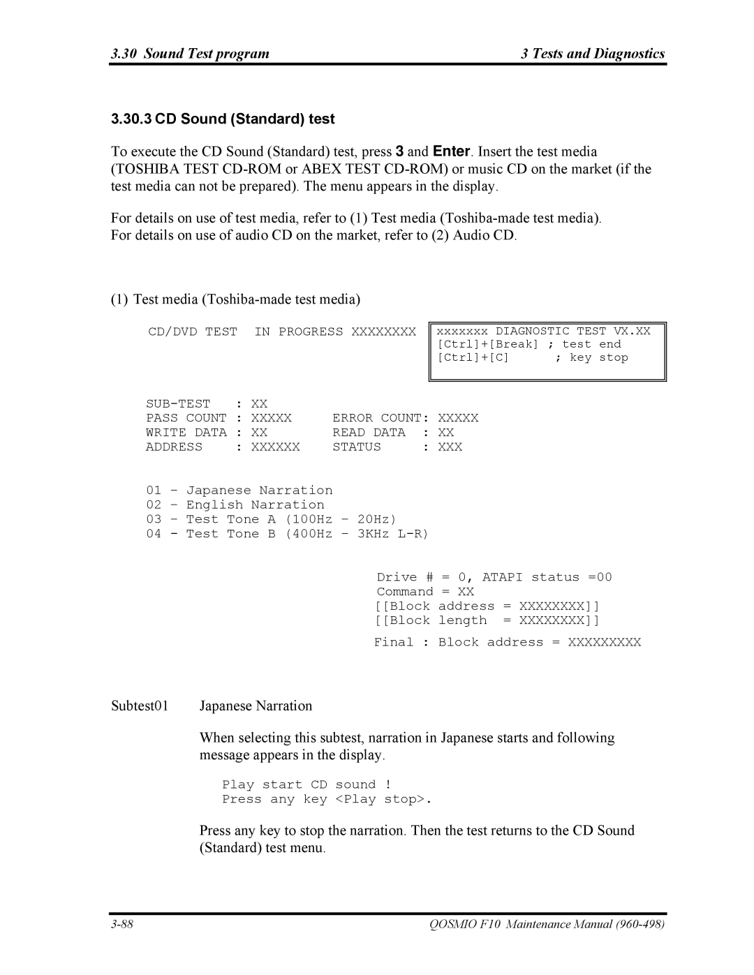 Toshiba 960-498 manual CD Sound Standard test, Pass Count Write Data Read Data Address Xxxxxx Status XXX 