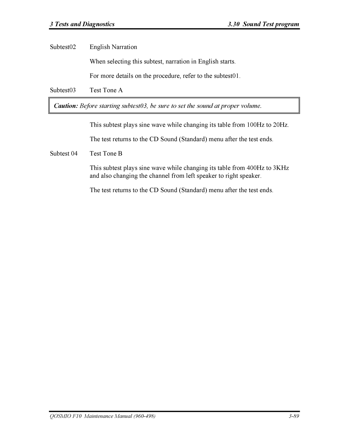 Toshiba 960-498 manual Tests and Diagnostics Sound Test program 