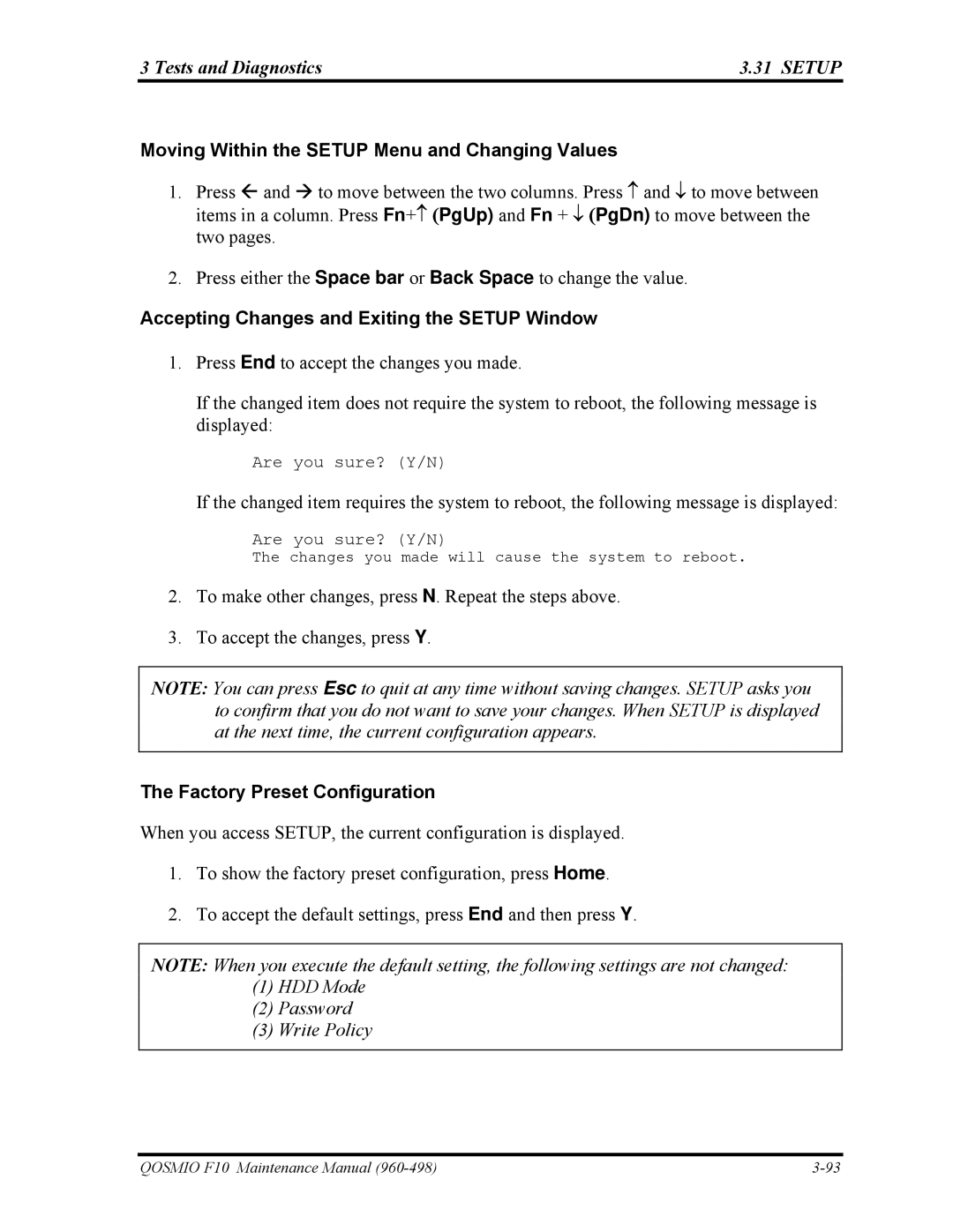 Toshiba 960-498 manual Moving Within the Setup Menu and Changing Values, Accepting Changes and Exiting the Setup Window 