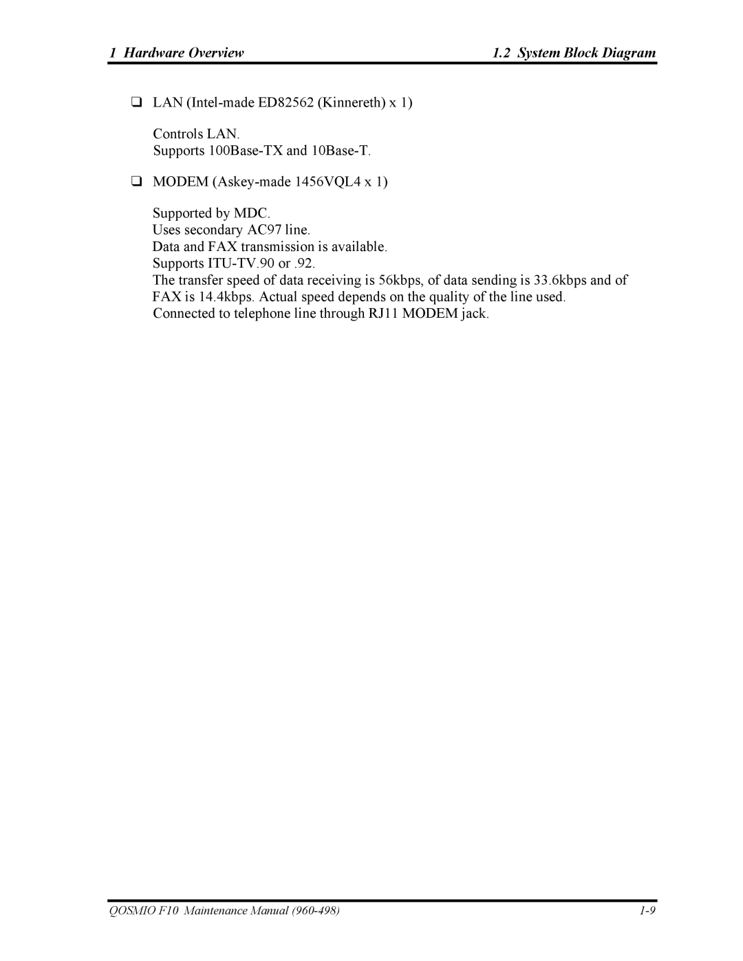 Toshiba 960-498 manual Hardware Overview System Block Diagram 