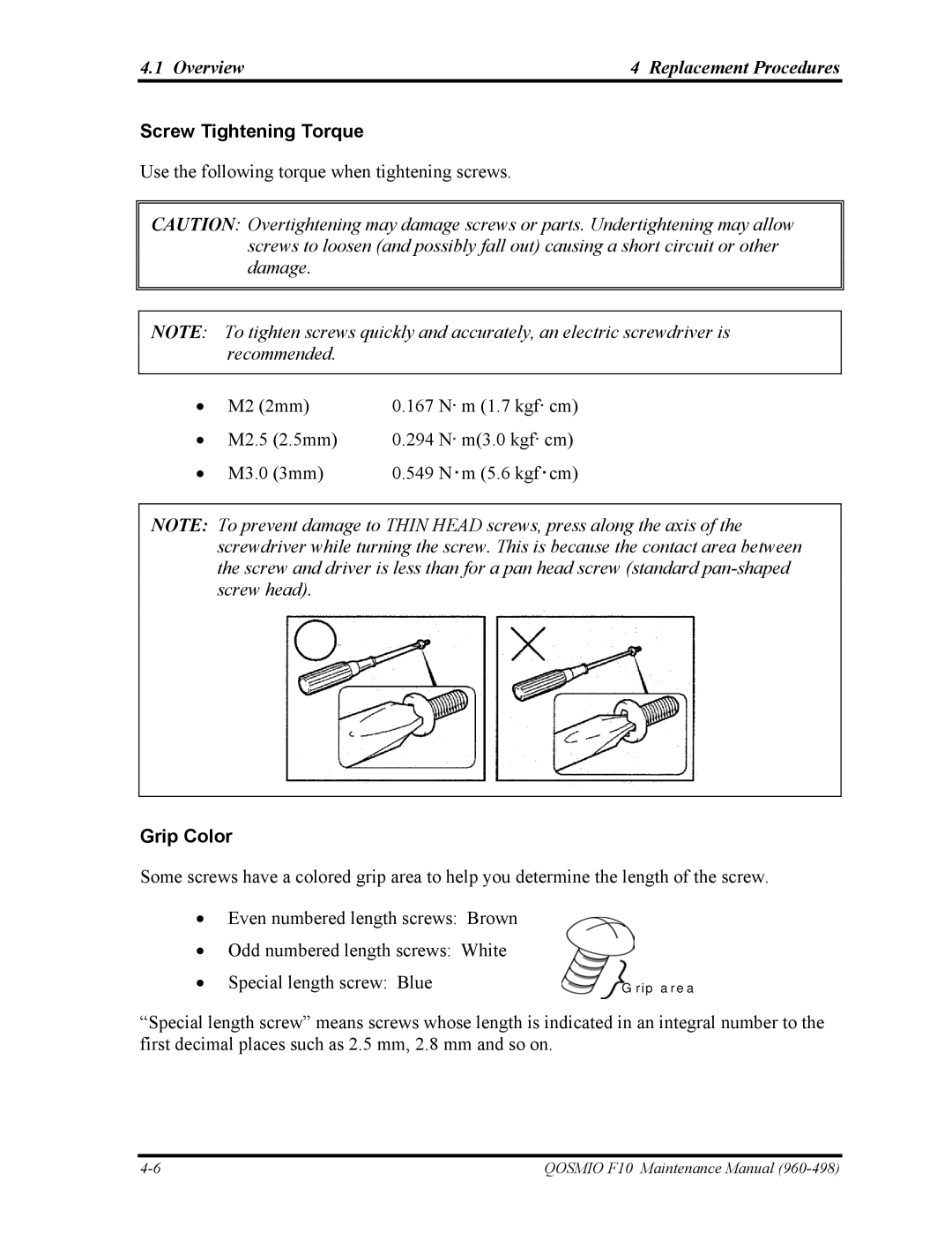 Toshiba 960-498 manual Screw Tightening Torque, Grip Color 