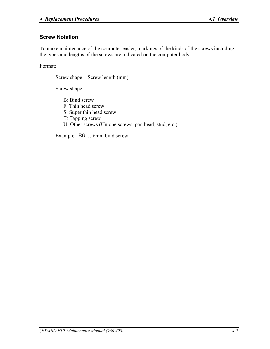 Toshiba 960-498 manual Screw Notation 