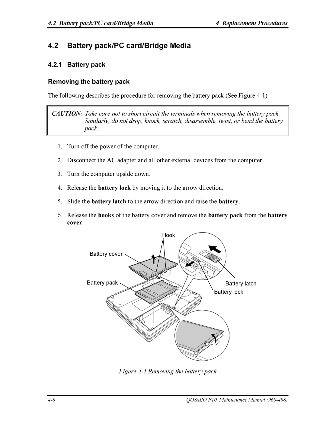 Toshiba 960-498 manual Battery pack/PC card/Bridge Media Replacement Procedures, Battery pack Removing the battery pack 