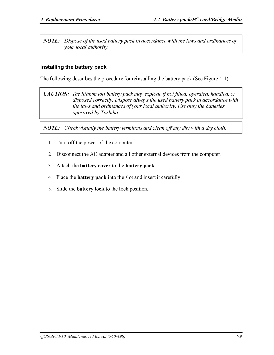 Toshiba 960-498 manual Replacement Procedures Battery pack/PC card/Bridge Media, Installing the battery pack 