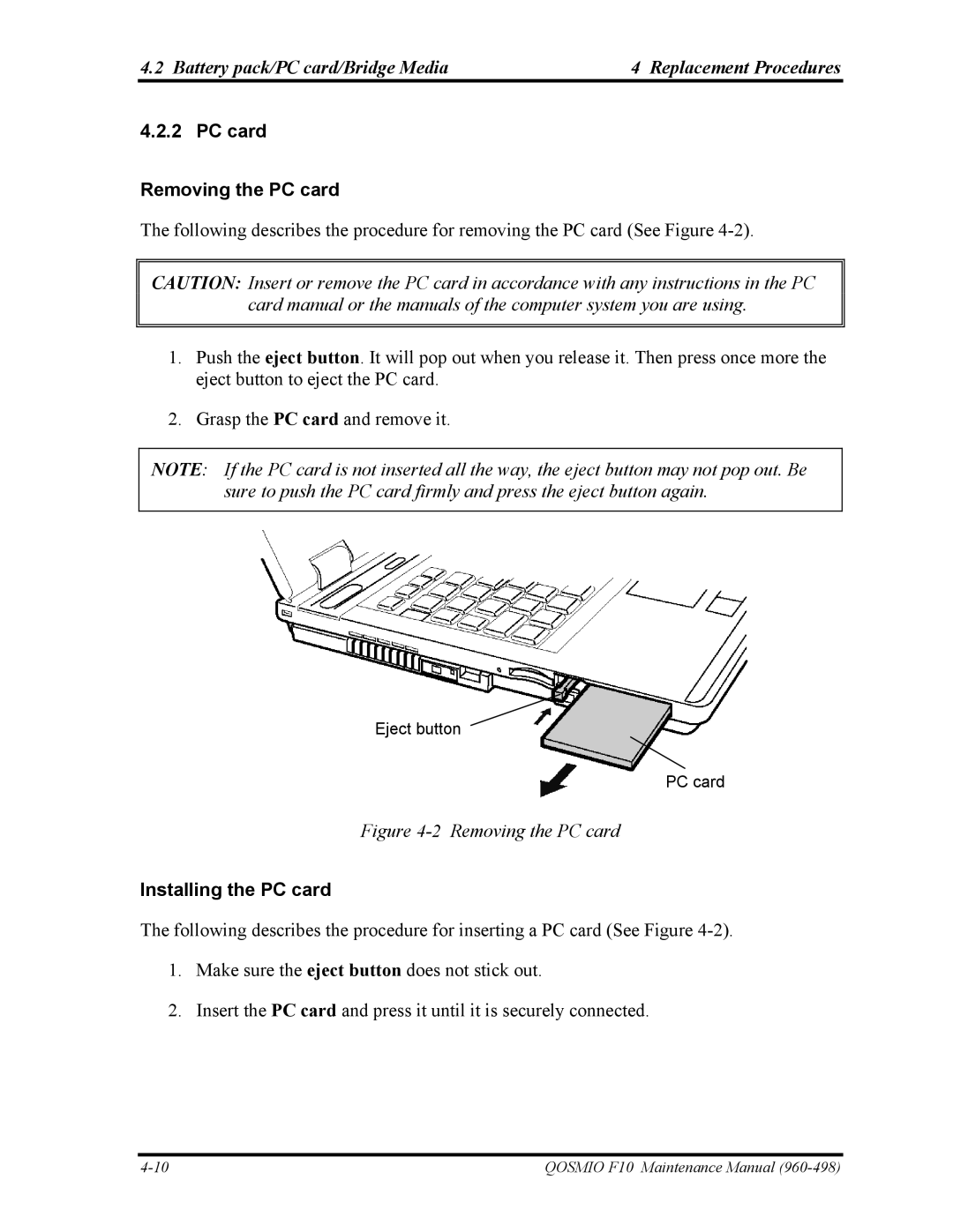 Toshiba 960-498 manual PC card Removing the PC card, Installing the PC card 