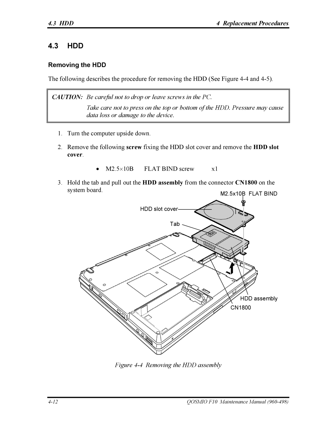 Toshiba 960-498 manual Hdd, HDD Replacement Procedures, Removing the HDD 