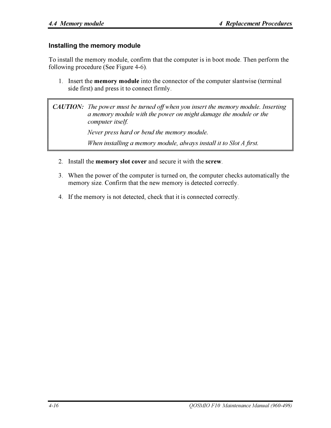 Toshiba 960-498 manual Memory module Replacement Procedures, Installing the memory module 