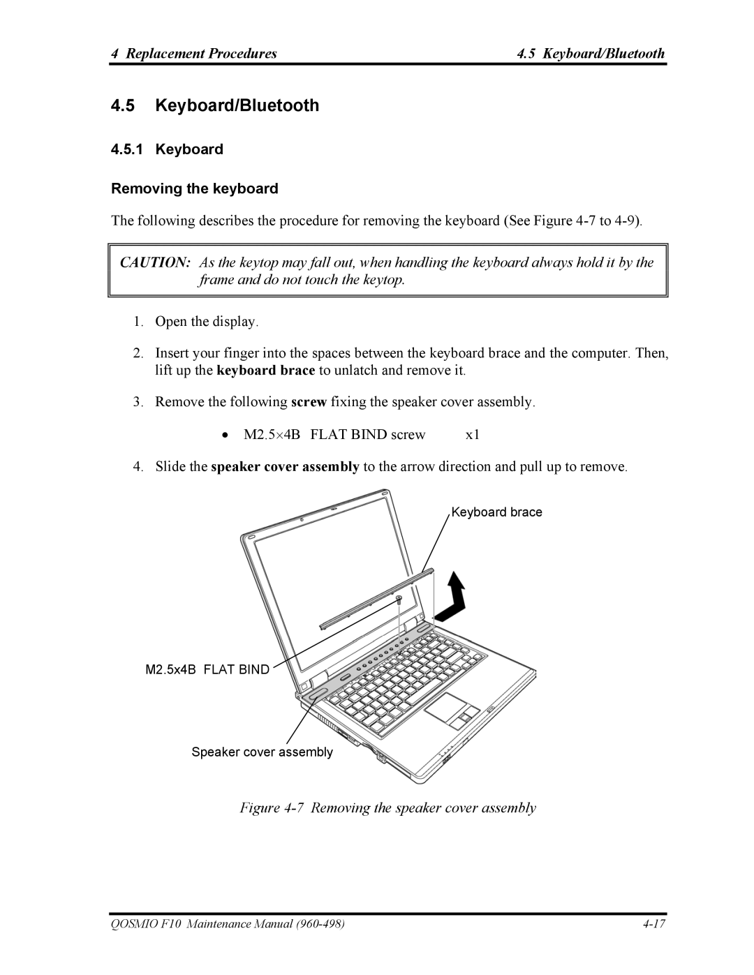 Toshiba 960-498 manual Replacement Procedures Keyboard/Bluetooth, Keyboard Removing the keyboard 