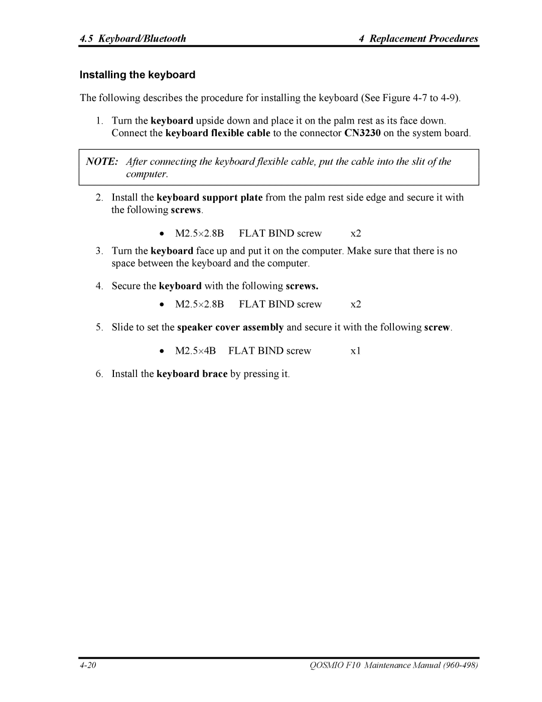 Toshiba 960-498 manual Keyboard/Bluetooth Replacement Procedures, Installing the keyboard 