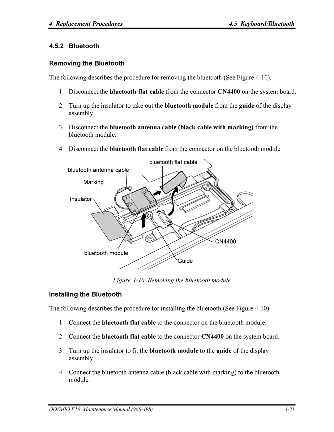 Toshiba 960-498 manual Bluetooth Removing the Bluetooth, Installing the Bluetooth 