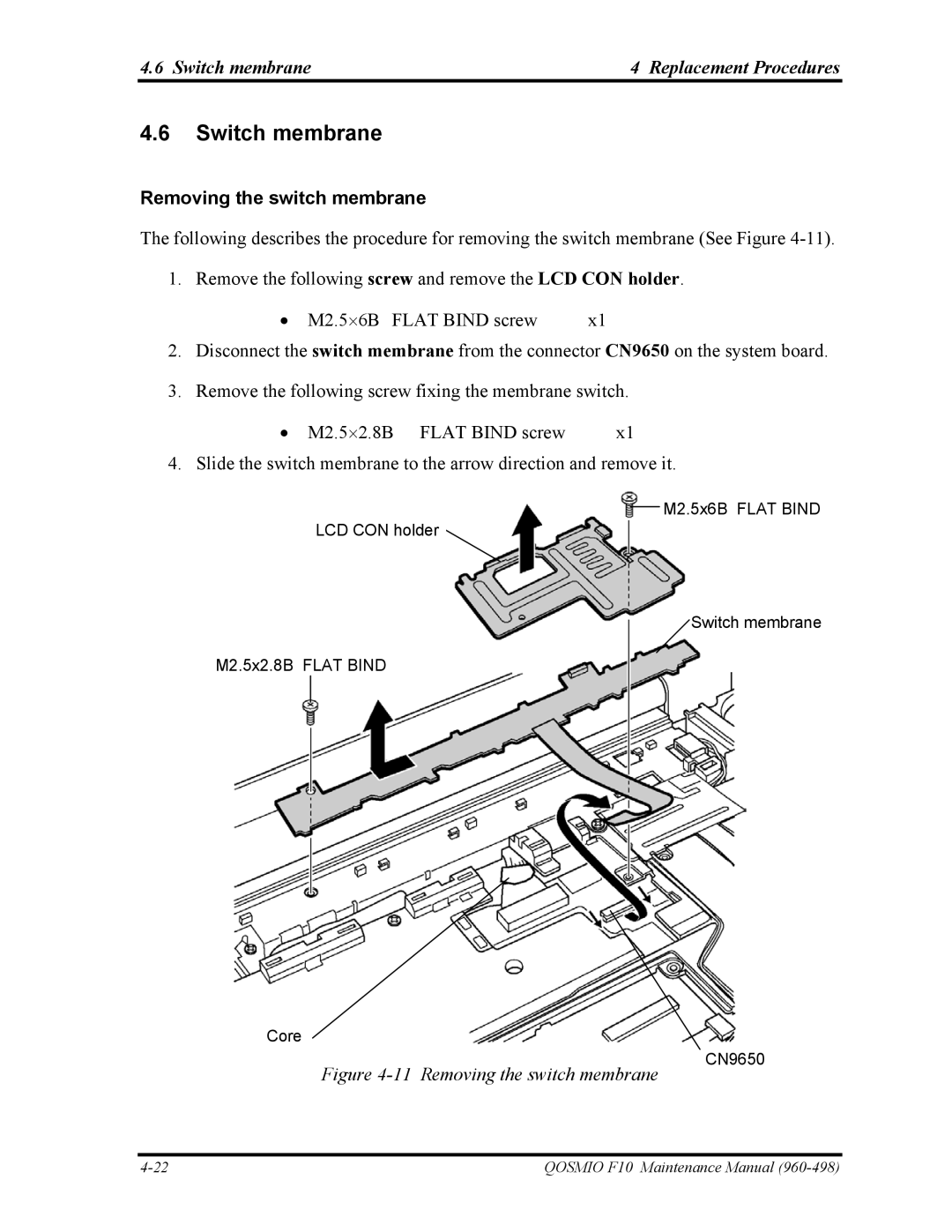 Toshiba 960-498 manual Switch membrane Replacement Procedures, Removing the switch membrane 