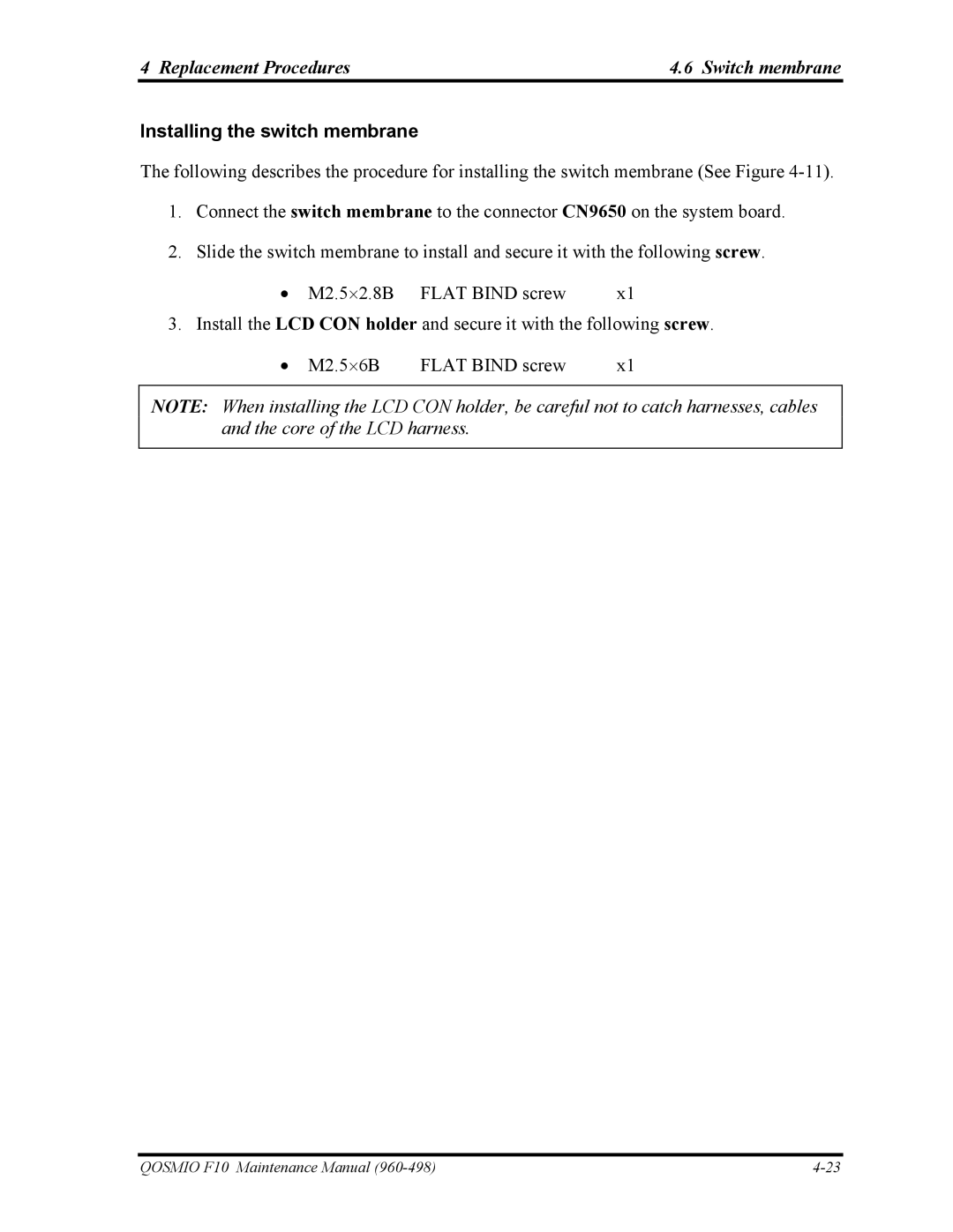 Toshiba 960-498 manual Replacement Procedures Switch membrane, Installing the switch membrane 