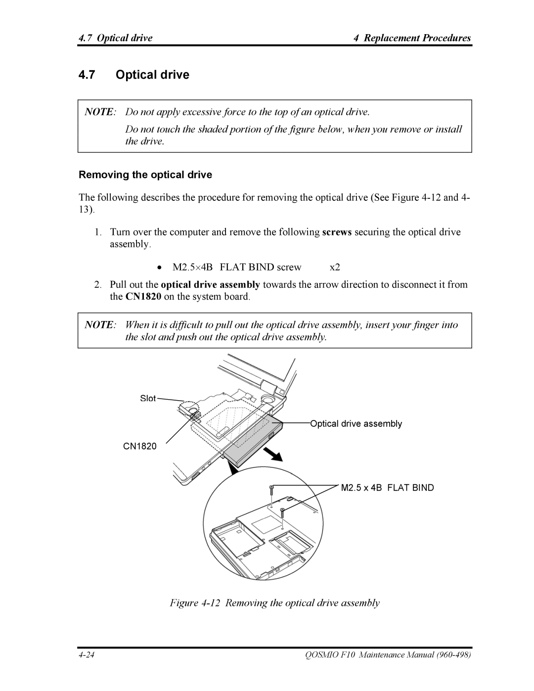 Toshiba 960-498 manual Optical drive Replacement Procedures, Removing the optical drive 