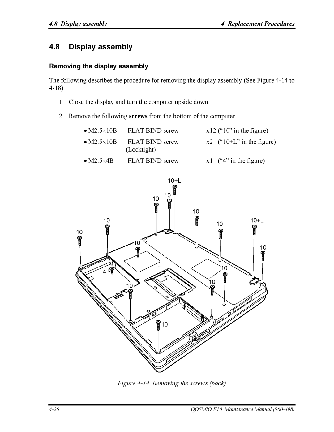 Toshiba 960-498 manual Display assembly Replacement Procedures, Removing the display assembly 