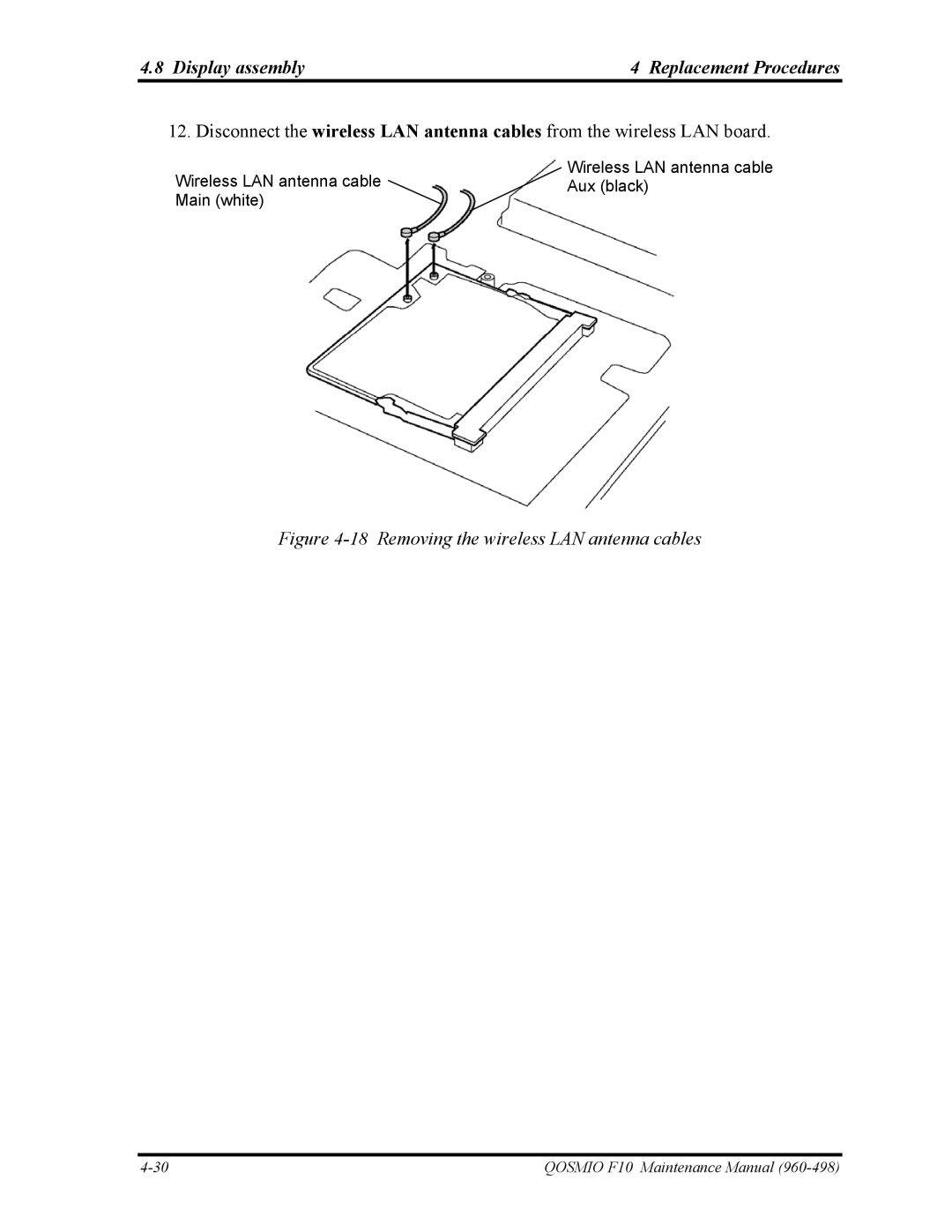 Toshiba 960-498 manual Removing the wireless LAN antenna cables 