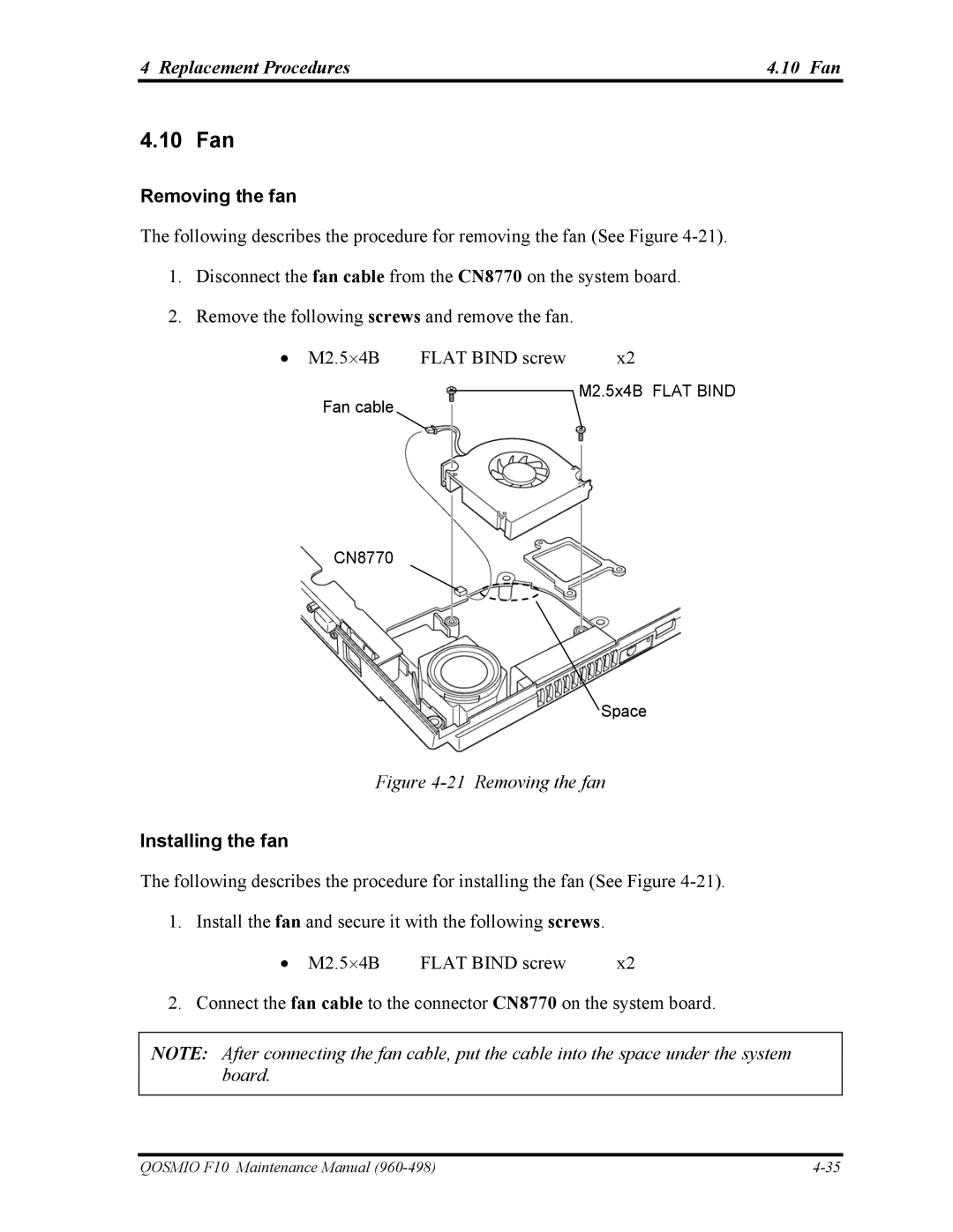 Toshiba 960-498 manual Replacement Procedures 10 Fan, Removing the fan, Installing the fan 