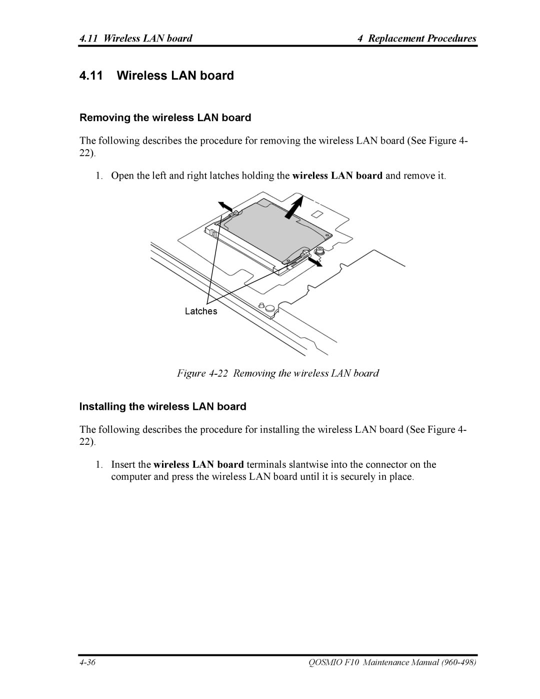 Toshiba 960-498 manual Wireless LAN board Replacement Procedures, Removing the wireless LAN board 