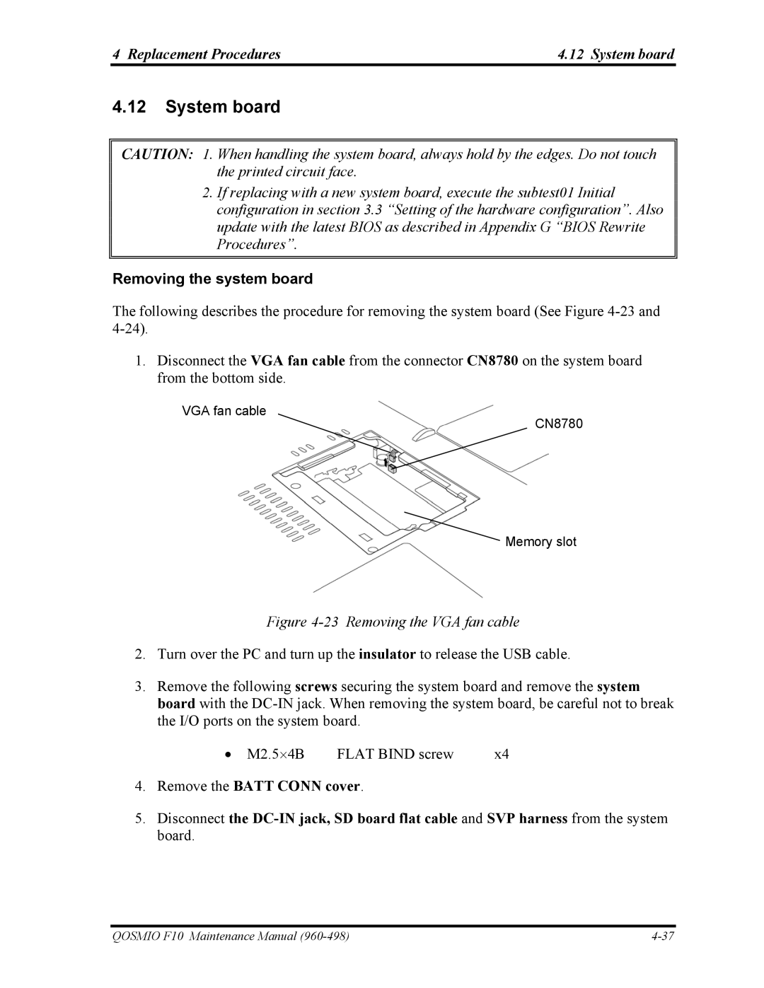 Toshiba 960-498 manual Replacement Procedures System board, Removing the system board 
