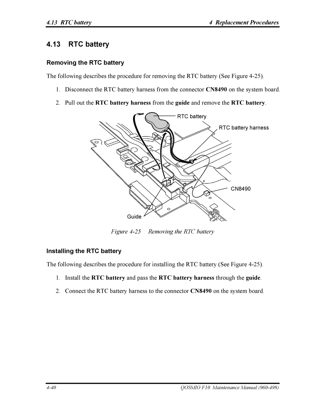 Toshiba 960-498 manual RTC battery Replacement Procedures, Removing the RTC battery, Installing the RTC battery 