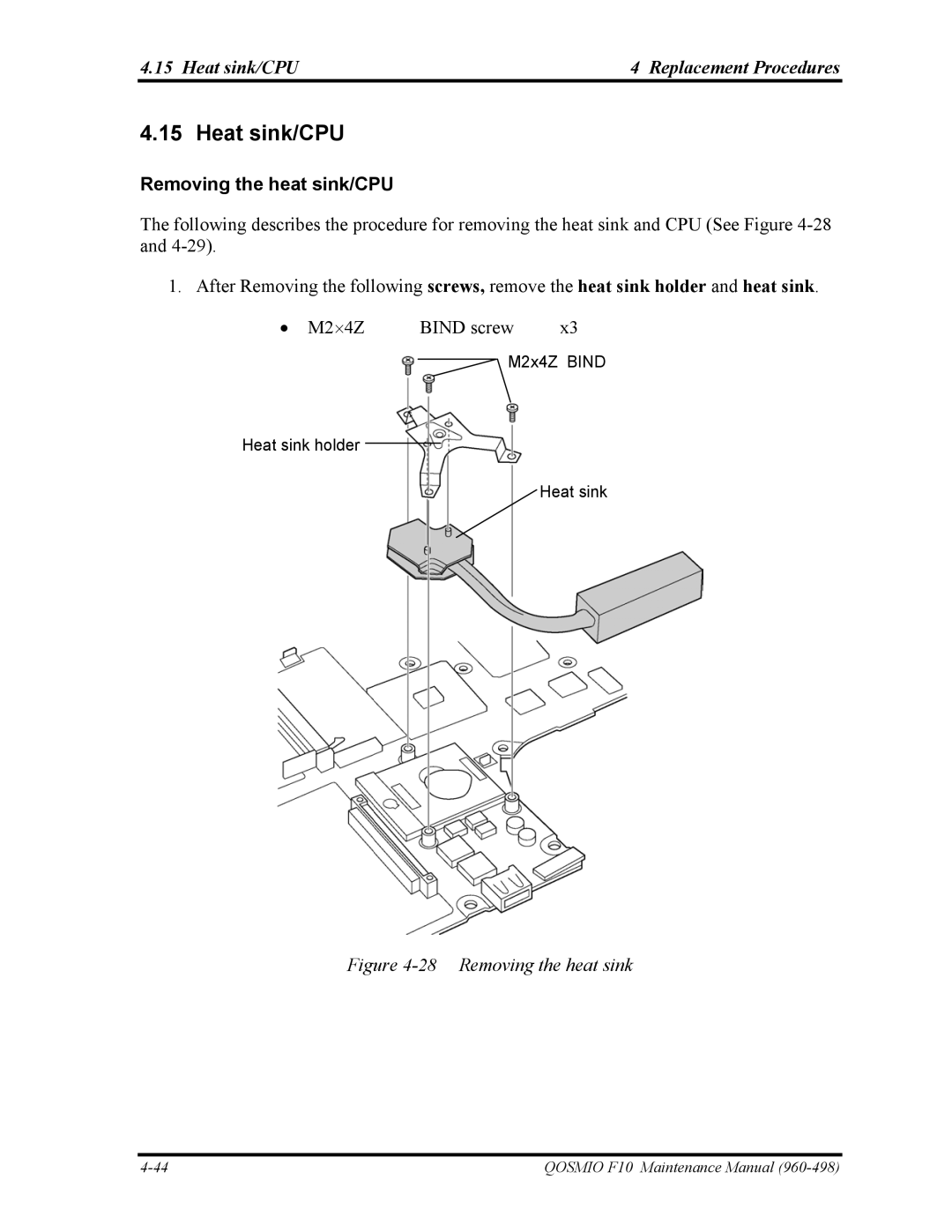 Toshiba 960-498 manual Heat sink/CPU Replacement Procedures, Removing the heat sink/CPU 